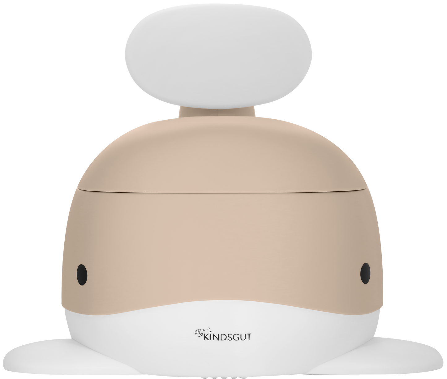 Smėlio spalvos ir baltas banginio formos vaikiškas naktipuodis su balta uodega-atlošu, matomas iš priekio.